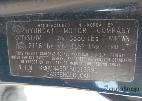 2005 Hyundai Elantra Gls/Gt from USA, damaged, VIN KMHDN46D15U013596